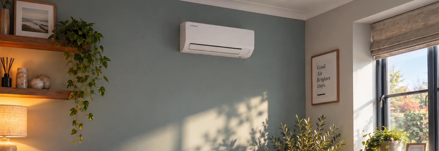 Samsung wall-mounted air conditioning unit in a living room with evening light