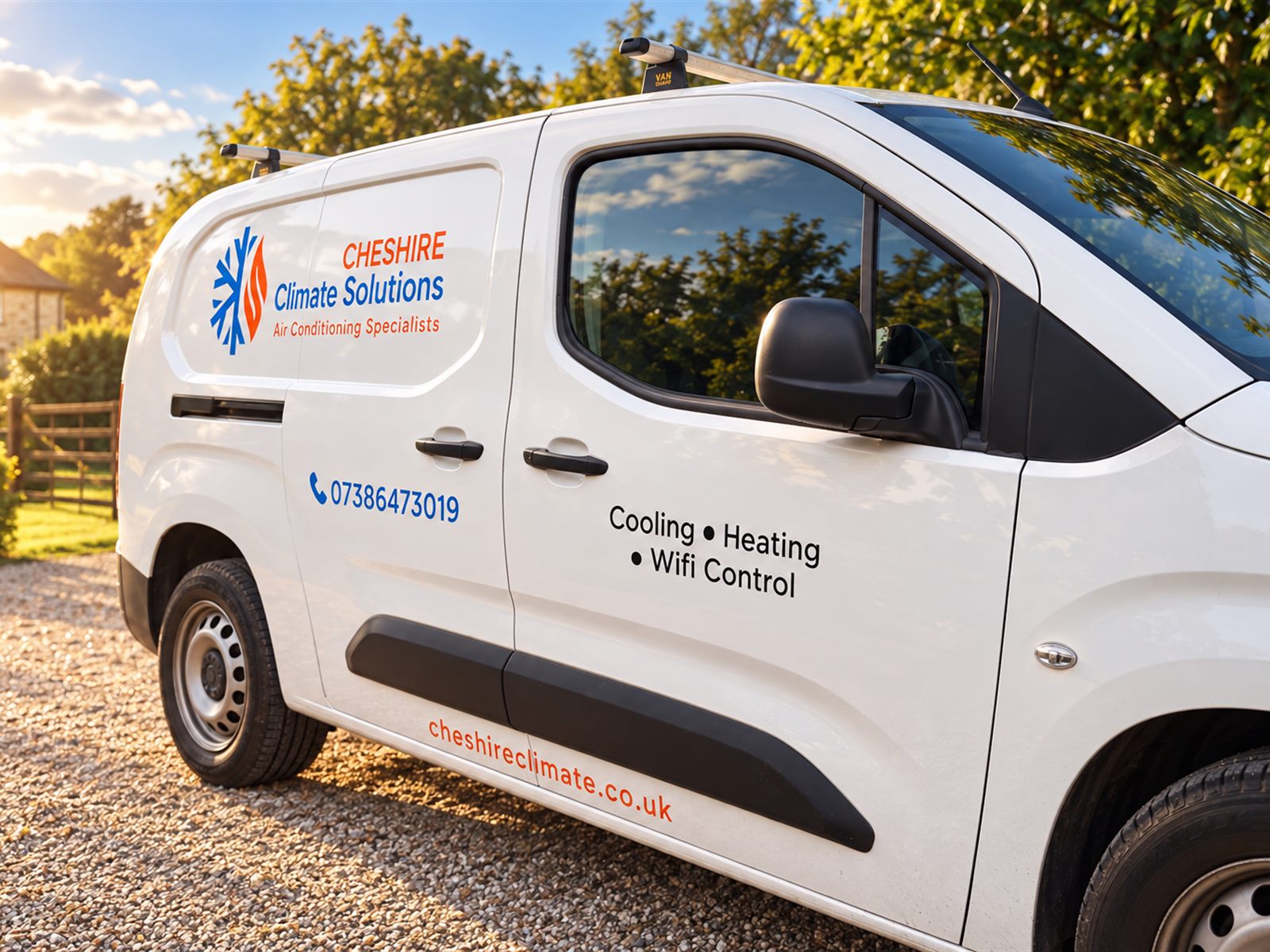 Cheshire Climate Solutions van, signwritten with the company logo and phone number, parked on a gravel drive