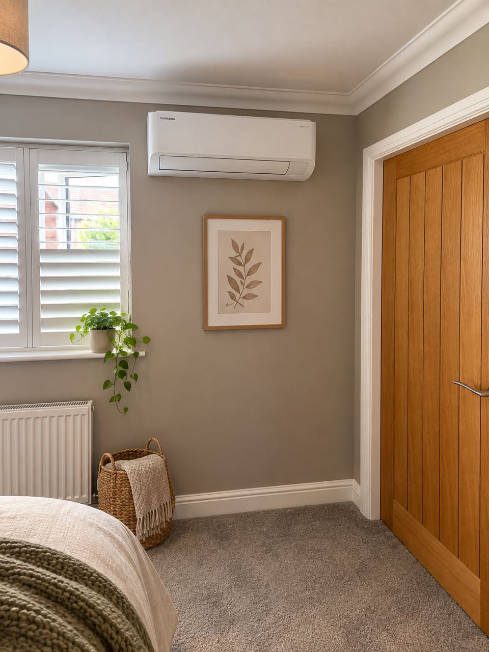 Samsung wall-mounted air conditioning unit installed above a bedroom door, in a room with shutters and an oak door