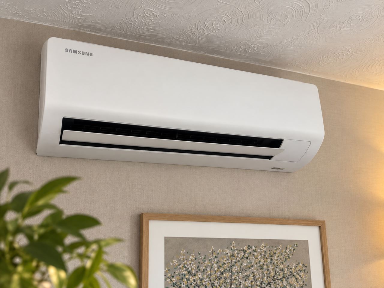 Samsung wall-mounted air conditioning unit installed in a warm-toned living space